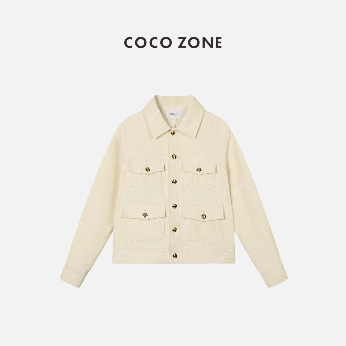 COCO ZONE 100%棉小香风设计师翻领外套多口袋长袖23C19338