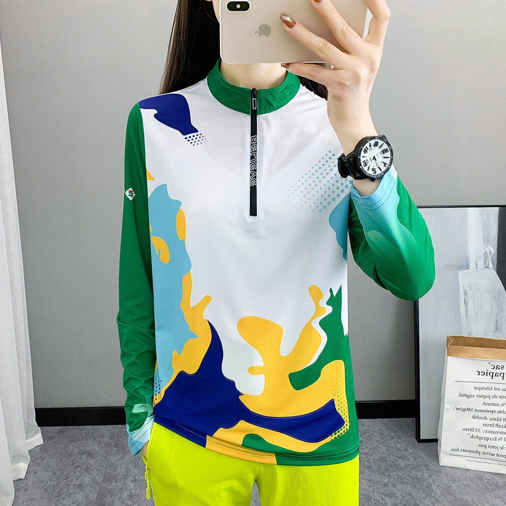 户外迷彩休闲运动服装女装速干长袖女立领跑步运动上衣速干衣晨跑
