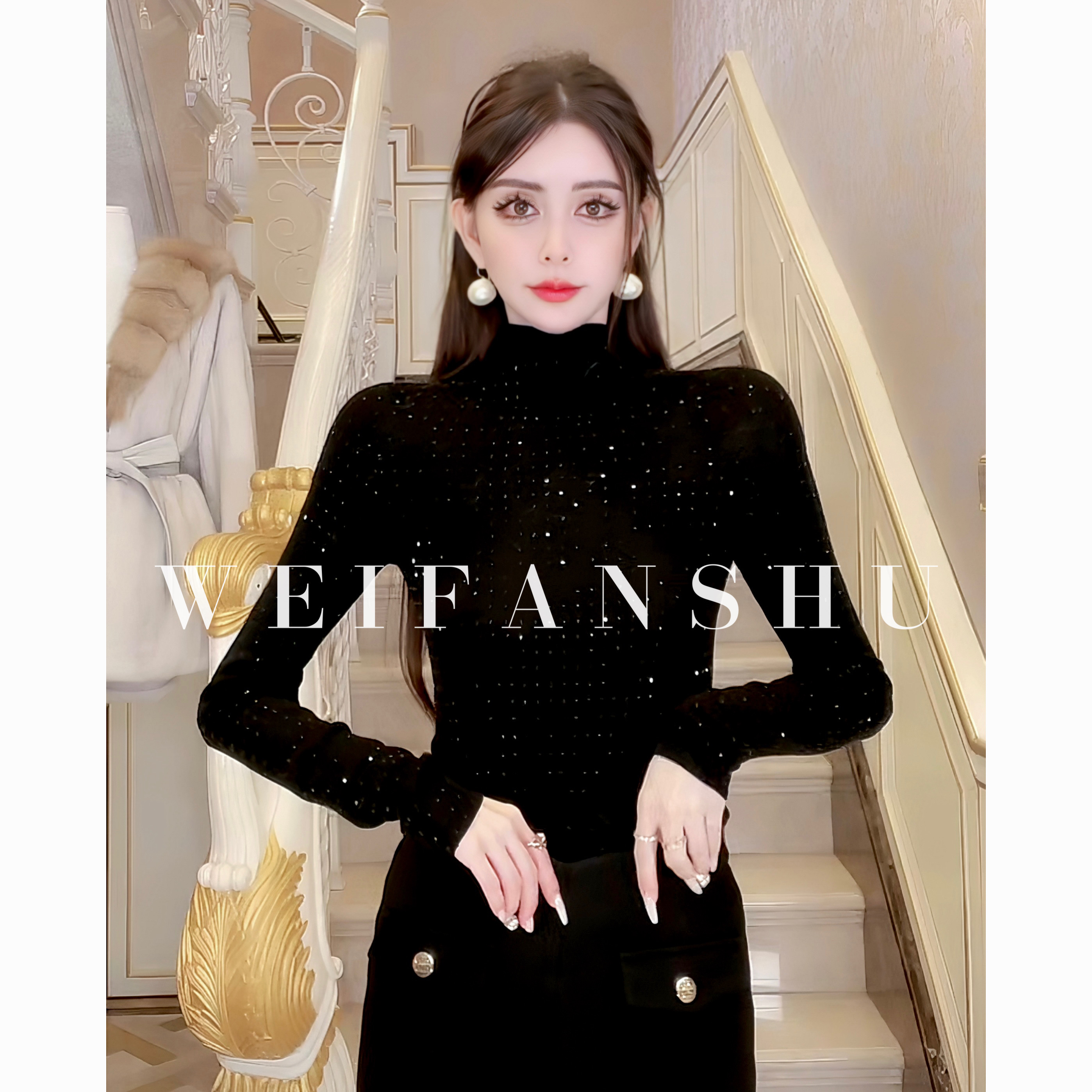 WEIFANSHU/魏凡舒【神仙星耀】毛衣亮闪闪上衣高领修身长袖轻奢女装