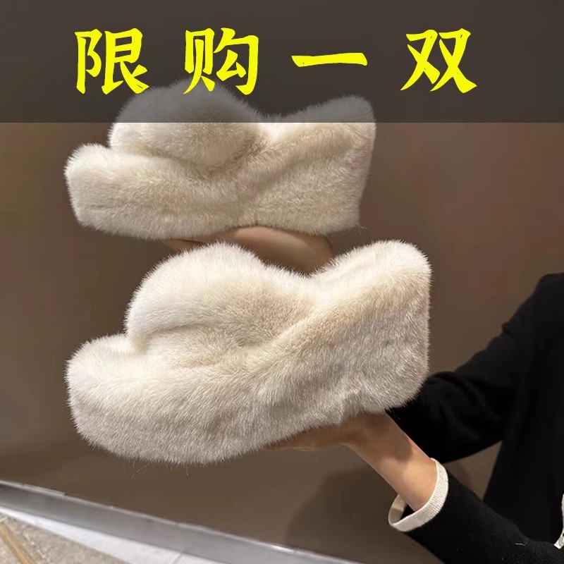 百丽纯爱高级感毛毛拖鞋女外穿秋冬2023新款坡跟高跟网红超火增