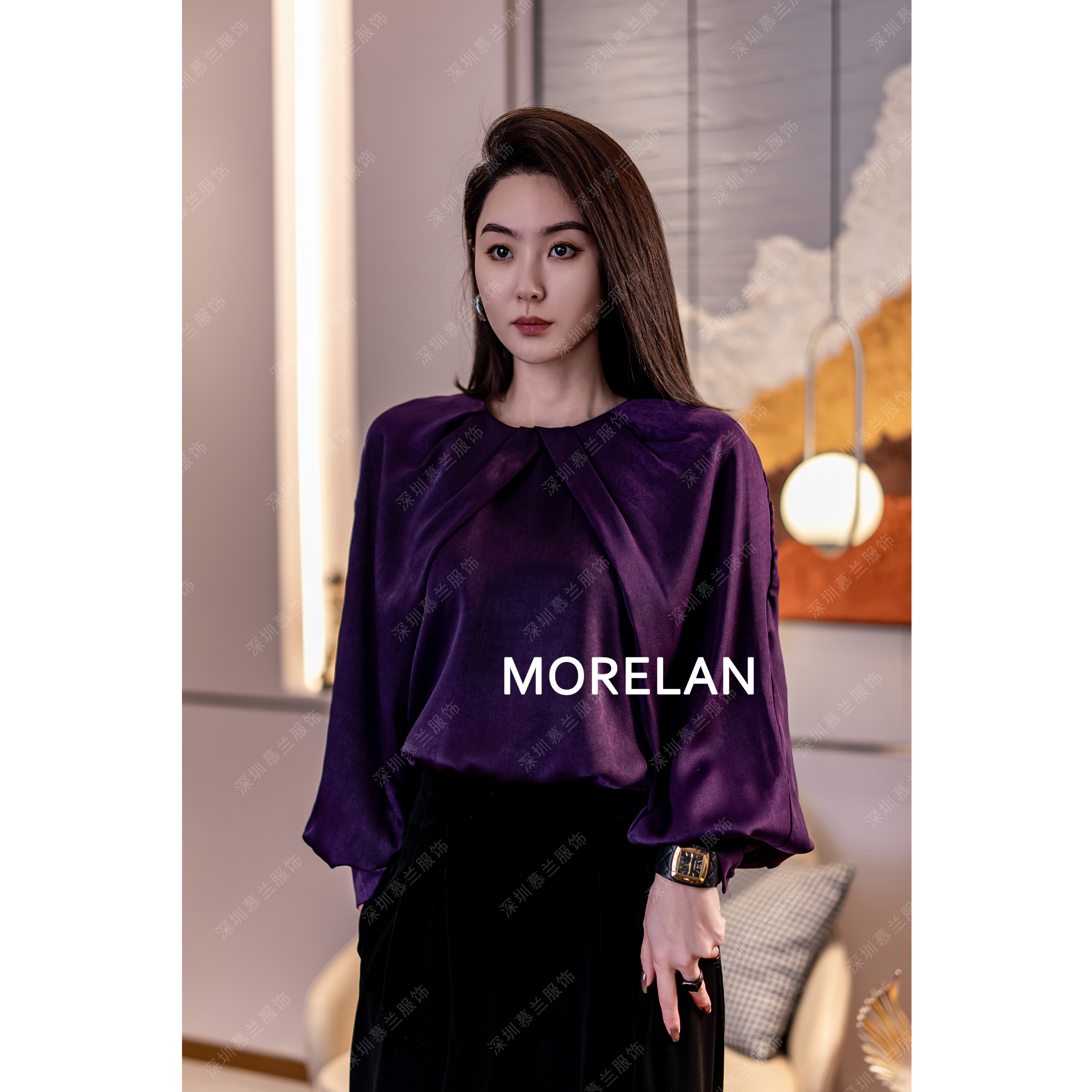 【紫兰星璀】2024春季新款气质灯笼袖纯色圆领显瘦衬衫MLW-4766