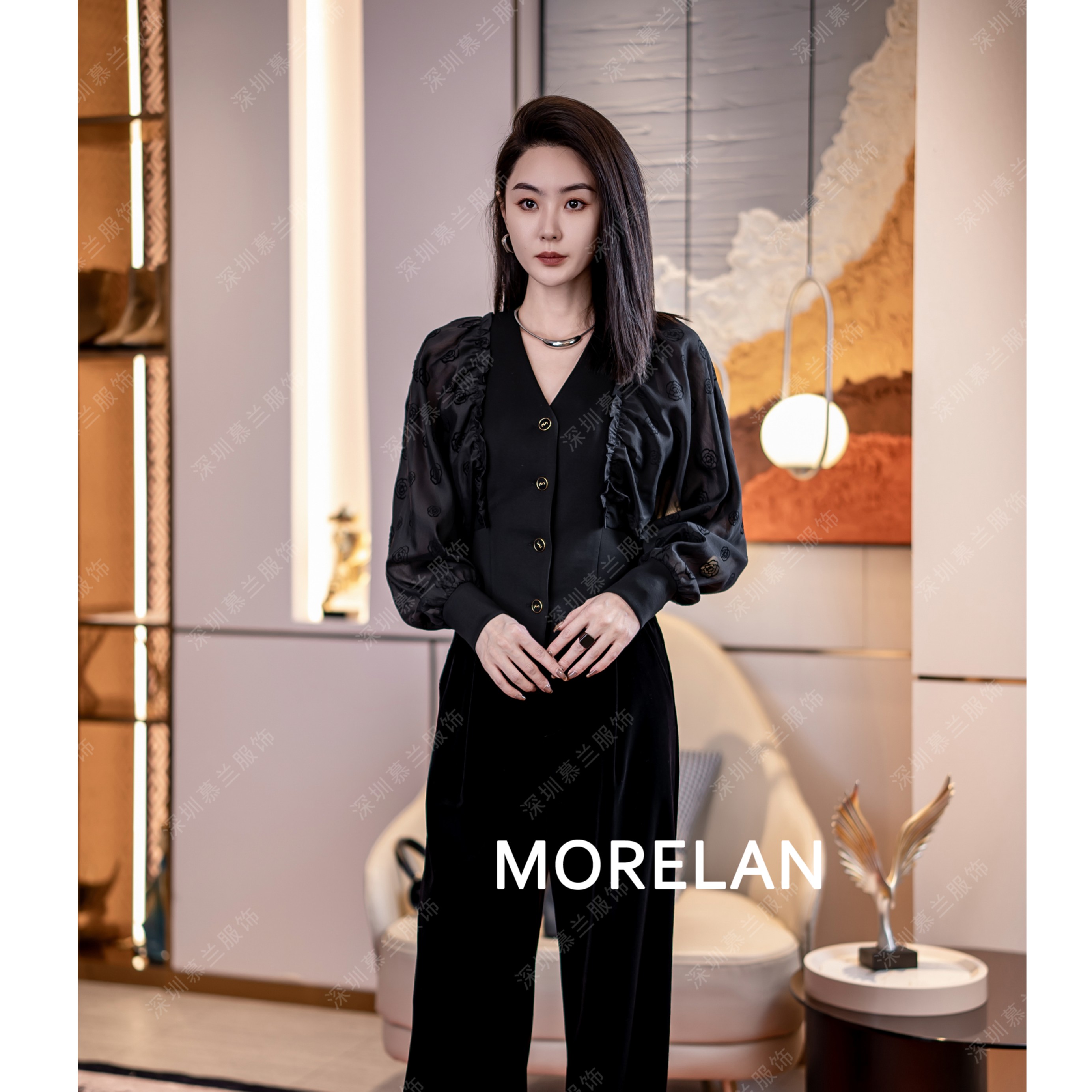 MORELAN时尚优雅植绒提花单排扣长袖外套衬衫ML-236512