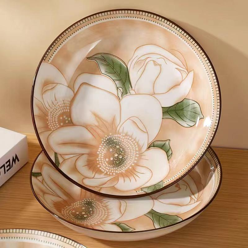 19.9/发8英寸山茶花圆盘6个+斗笠汤碗1个  卫浴用品厂家补贴