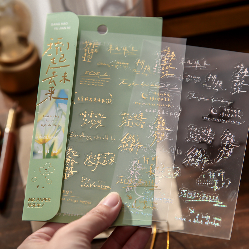 朝雨 爱在温柔里生长励志手写文字贴纸手帐烫金透明防水pvc贴画