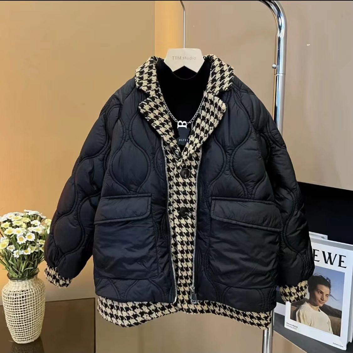 男童棉服2022秋冬新款儿童夹棉加厚外套拼接假两件男孩保暖棉衣潮