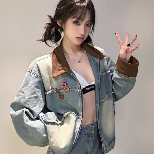 2023美式复古拼接翻领牛仔外套女装春秋新款夹克棒球服ZH-067
