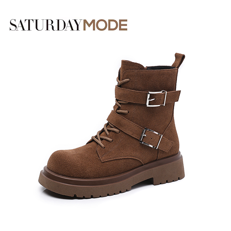 SATURDAYMODE女鞋//英伦高帮磨砂牛皮马丁靴系带圆头时尚短靴YC