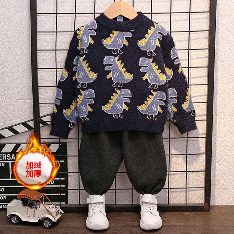 宝宝秋冬恐龙针织套头儿童卡通洋气2023新款韩版男童毛衣潮水貂绒