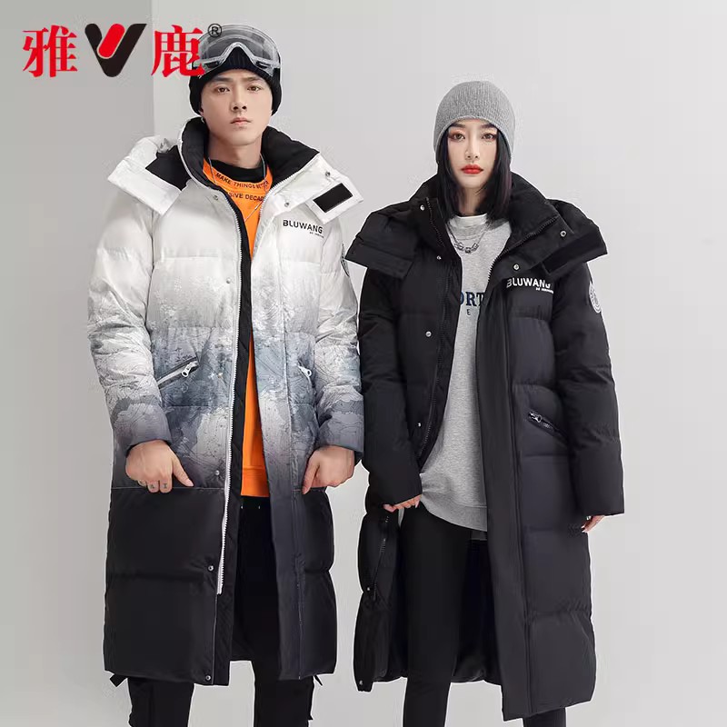 雅鹿羽绒服男2023新款加厚中长款连帽保暖时尚渐变外套潮运动户外