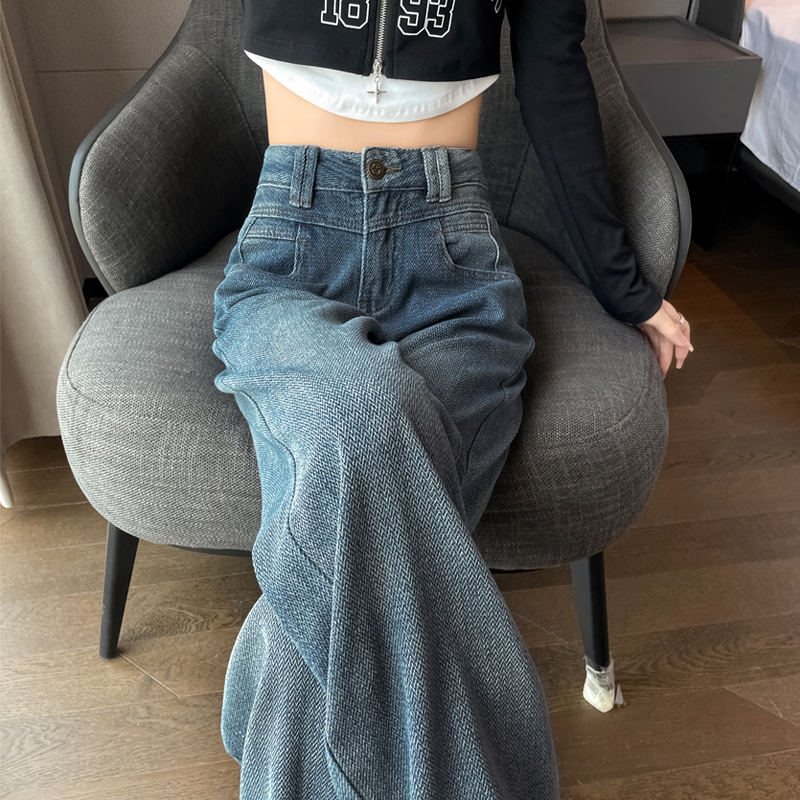 复古星空纹高腰阔腿牛仔裤女秋冬加绒宽松直筒裤垂感拖地裤小个子