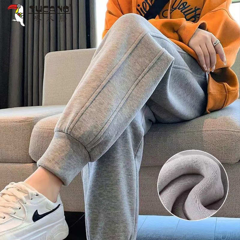 啄木鸟加绒加厚运动裤女秋冬新款2023小个子休闲裤ins潮束脚卫裤