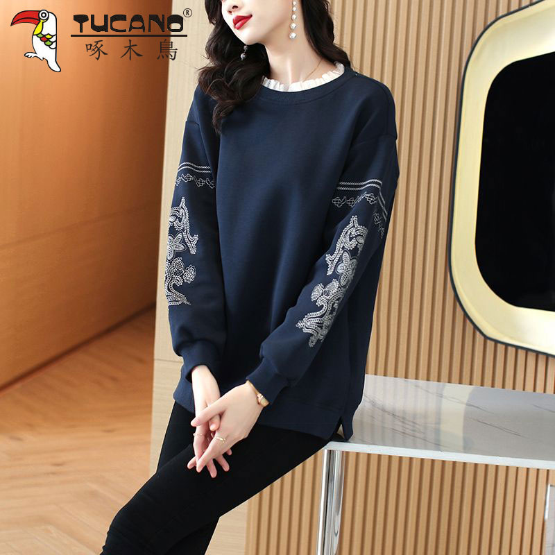 啄木鸟新款刺绣蕾丝圆领卫衣女时尚宽松显瘦秋装慵懒风百搭长袖