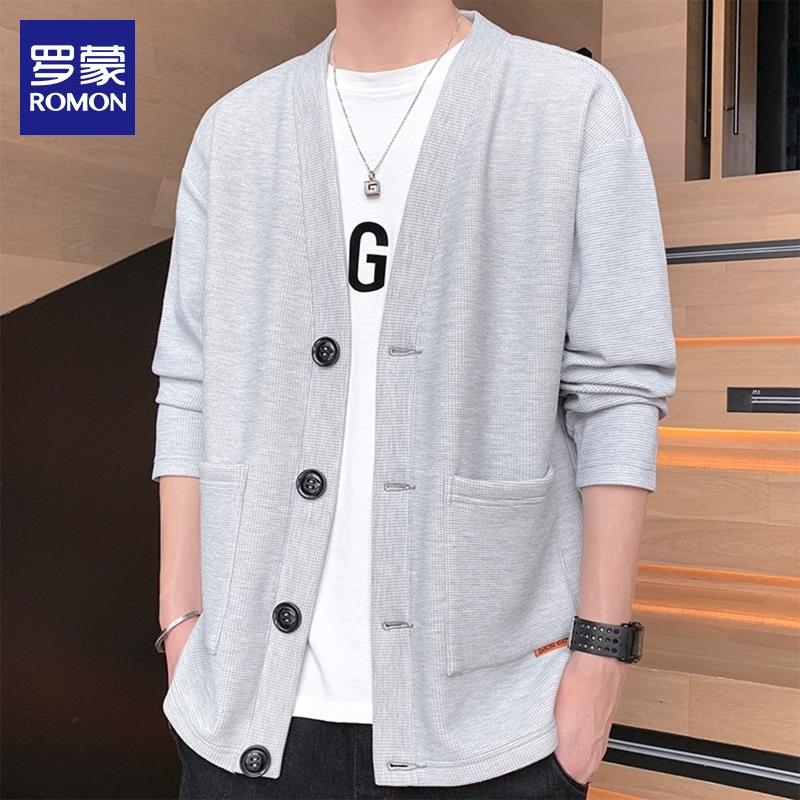 罗蒙华夫格开衫卫衣男士秋冬季新款单排扣V领上衣潮牌休闲外套男