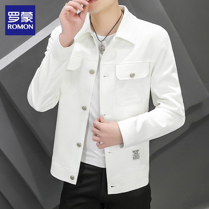 罗蒙白色夹克男士宽松翻领休闲上衣秋冬季新款潮牌高级工装外套男
