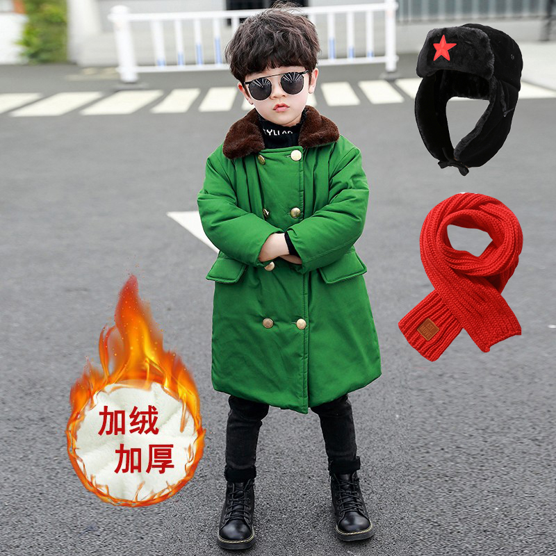 儿童军棉大衣加棉加厚中长款男童外套东北军绿加绒冬季保暖外套