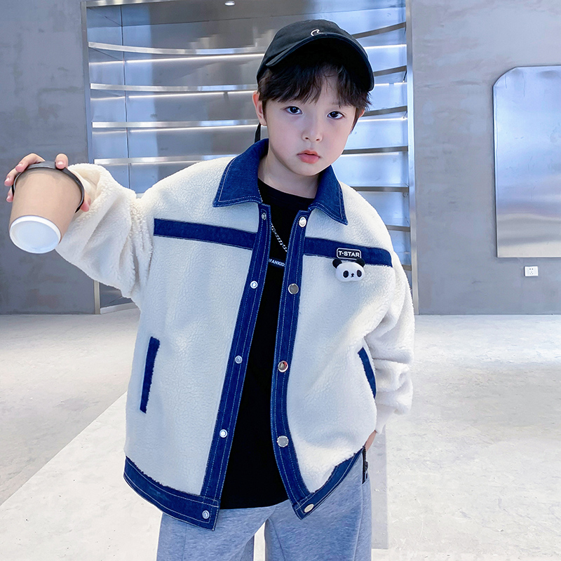 男童秋冬摇粒绒加厚外套2023新款儿童冬装男孩冬季牛仔拼接衣服潮