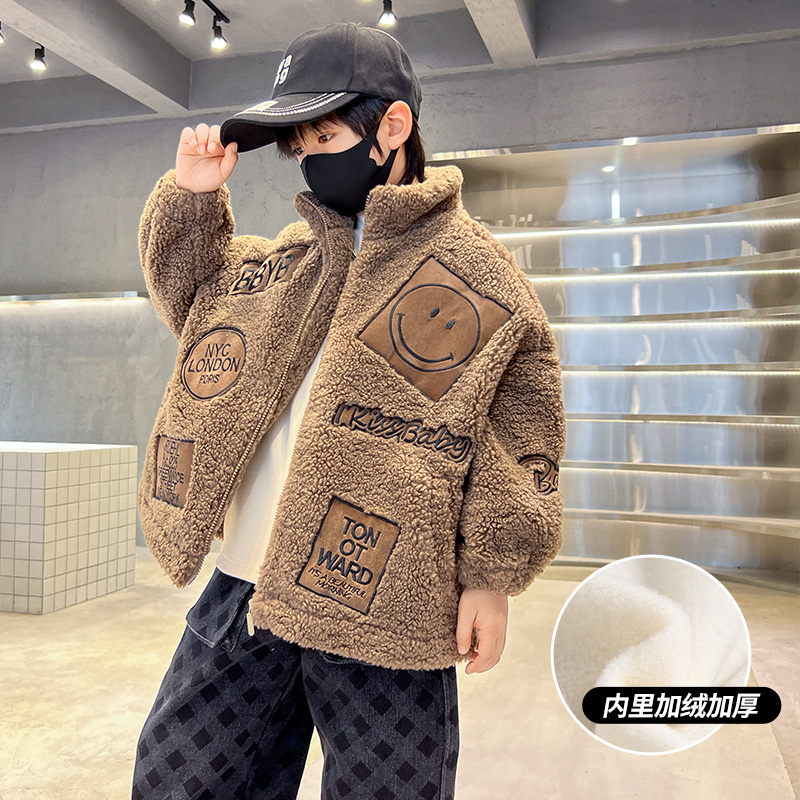 男童羊羔绒外套2023新款秋冬款中大童儿童加绒加厚毛毛衣摇粒绒潮