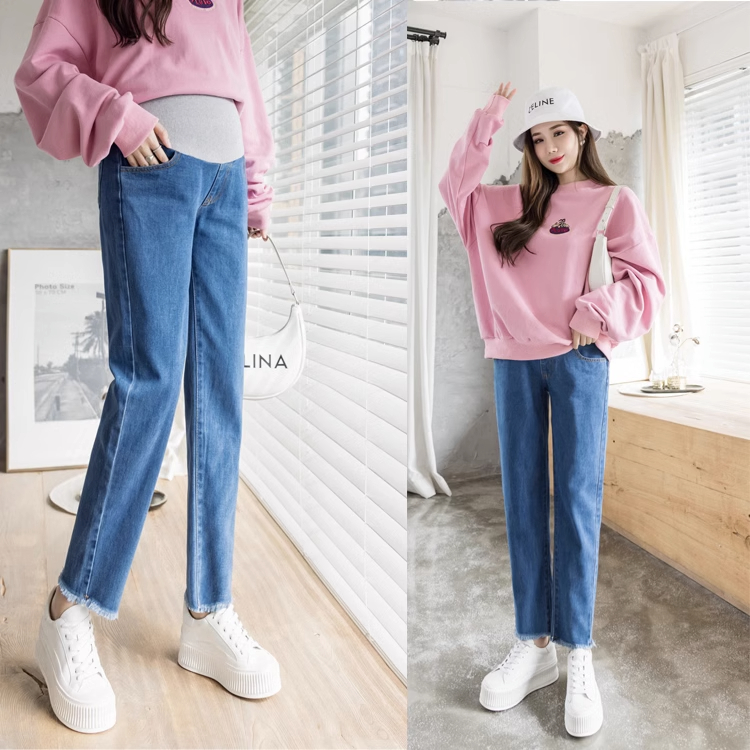 肖晓笑孕妇牛仔裤秋季款长裤宽松休闲显瘦直筒托腹裤蓝色牛仔裤子