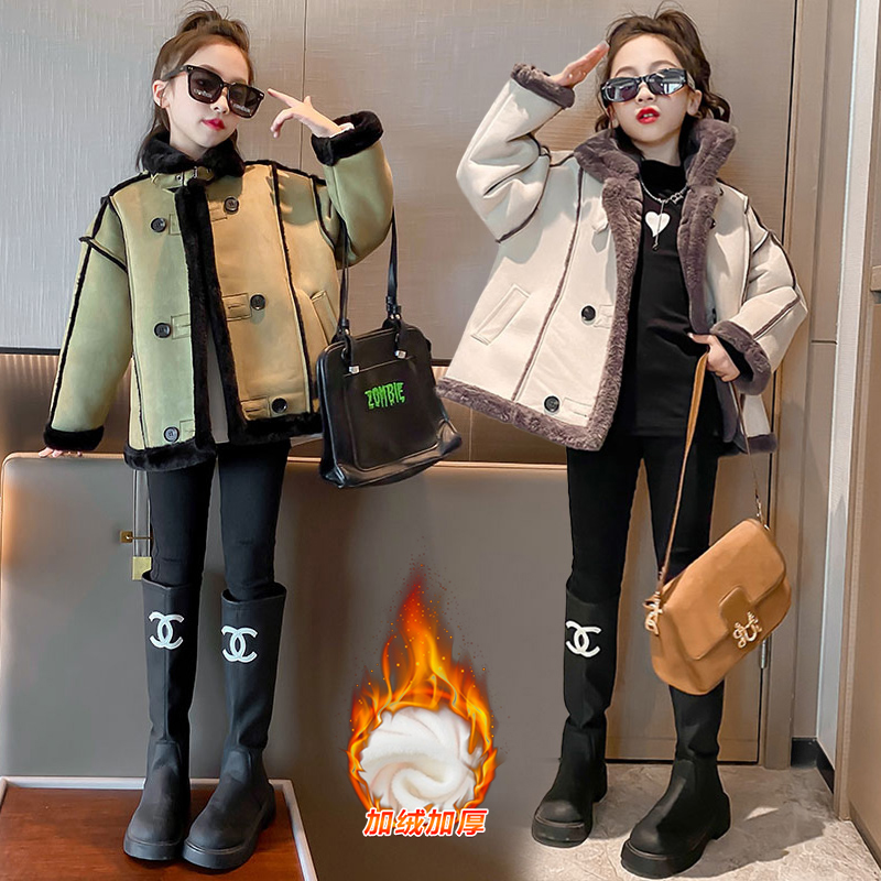 女童冬款2023新款加绒加厚皮毛一体外套儿童洋气保暖中大童韩版