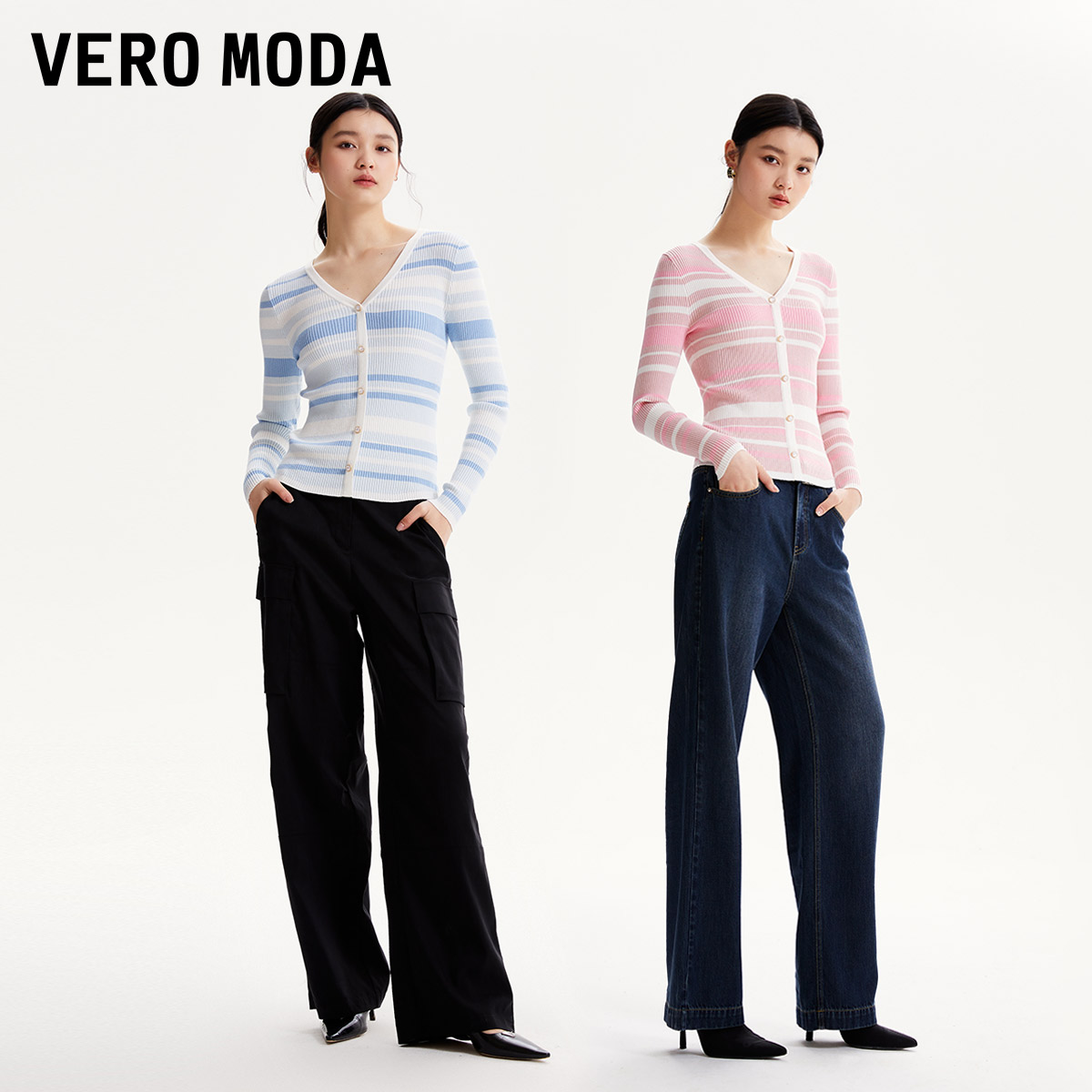 【小店专享】Vero Moda【晴空彩虹糖】修身v领条纹针织衫女323324058