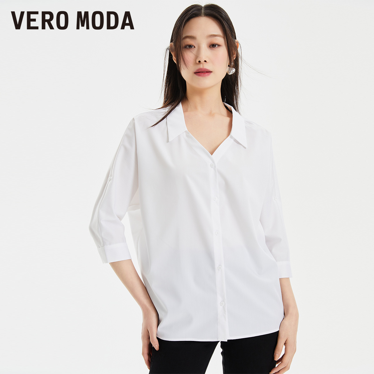 【小店专享】Vero Moda衬衫V领七分袖时尚后绑带通勤白色|323231074