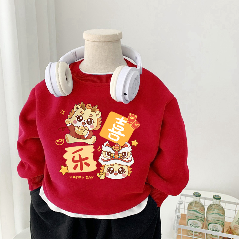 儿童加绒卫衣冬季一体绒2024红色本命年拜年服男女童国潮喜庆上衣