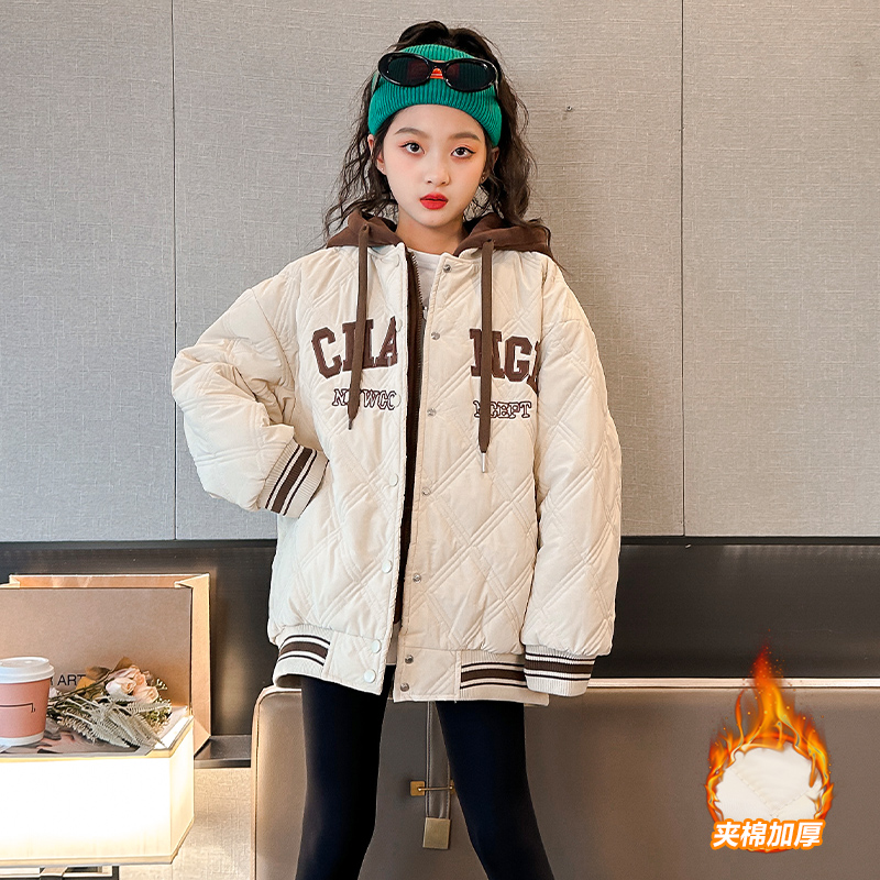 女生冬季棉服夹棉加厚连帽外套秋冬保暖棉袄时尚女童宽松洋气棉衣
