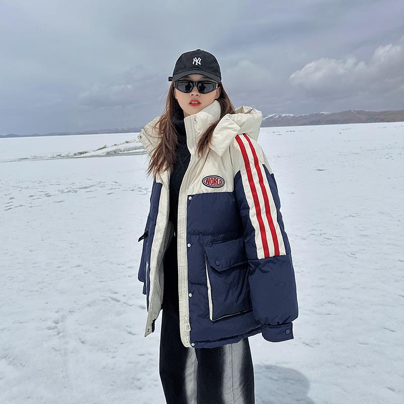 中长款棉服女冬季新款工装拼色面包服学生情侣加厚保暖棉袄