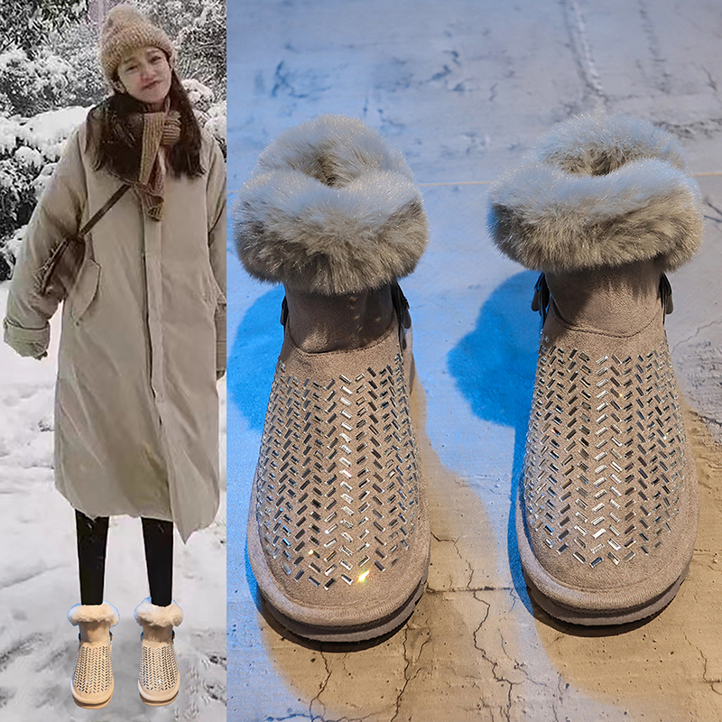 回力瑞水钻雪地靴女冬2023新款皮毛一体短筒加绒加厚保暖棉鞋爆款