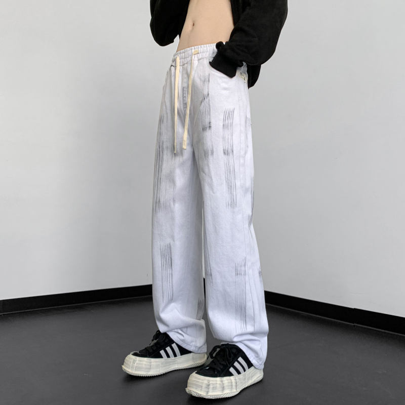 欧美高街vibe裤子美式街头小众设计白色牛仔裤男款秋季宽松直筒裤