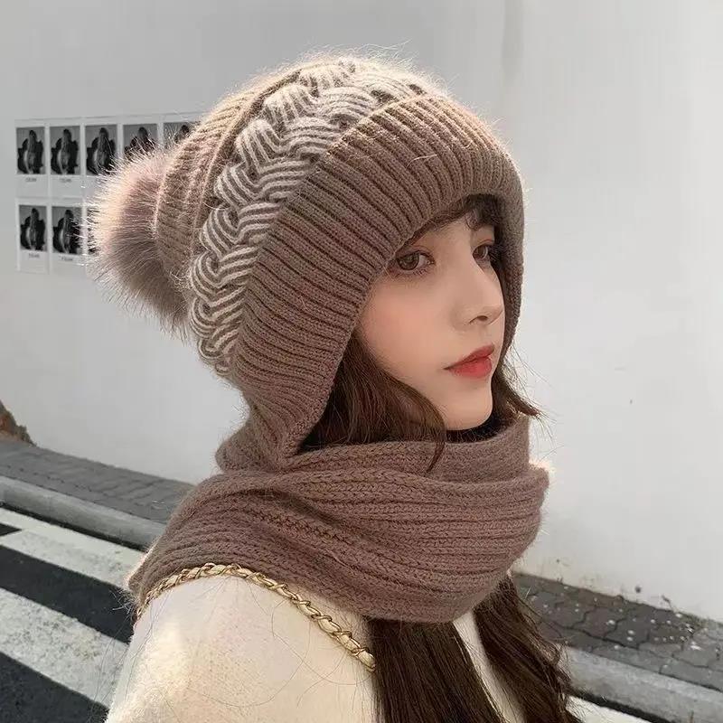 秋冬季加绒毛线帽子女围巾一体帽加厚韩版保暖百搭甜美护耳针织帽