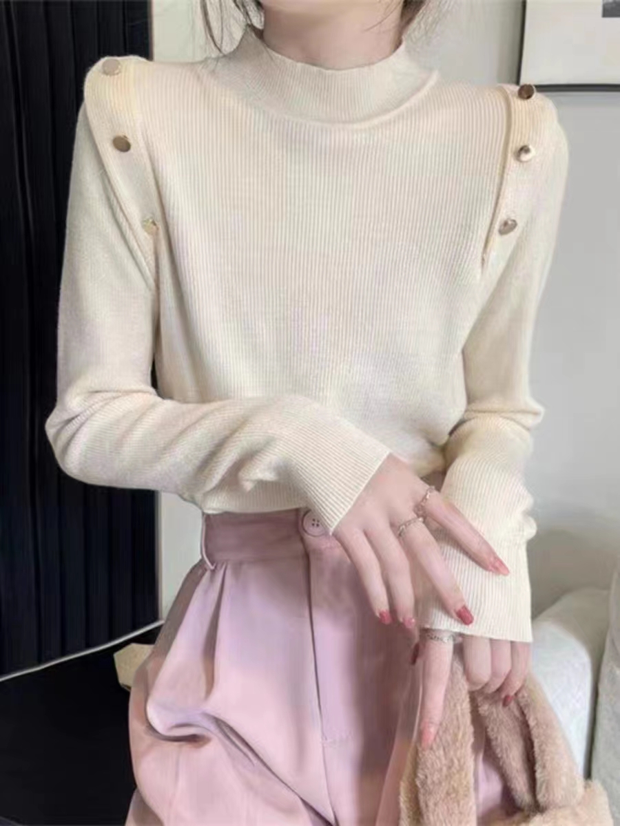 下架.纽扣针织衫女别致上衣毛衣半高领打底衫女秋冬内搭.X31125b