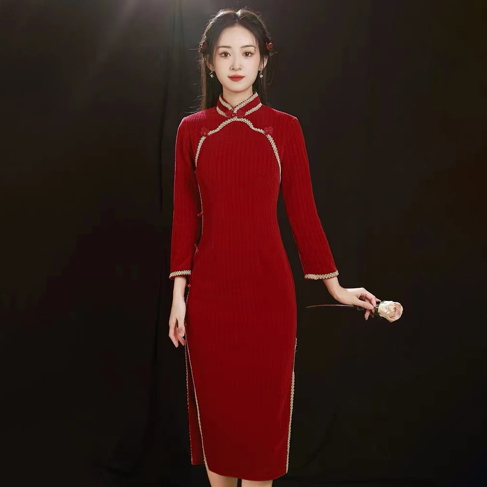 中长款旗袍 春秋加厚红色优雅修身年轻款显瘦改良版新娘敬酒服