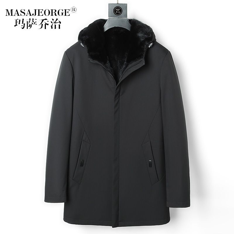保暖男水貂内胆整貂中长款连帽潮流男款男秋冬外套中年皮冬外套