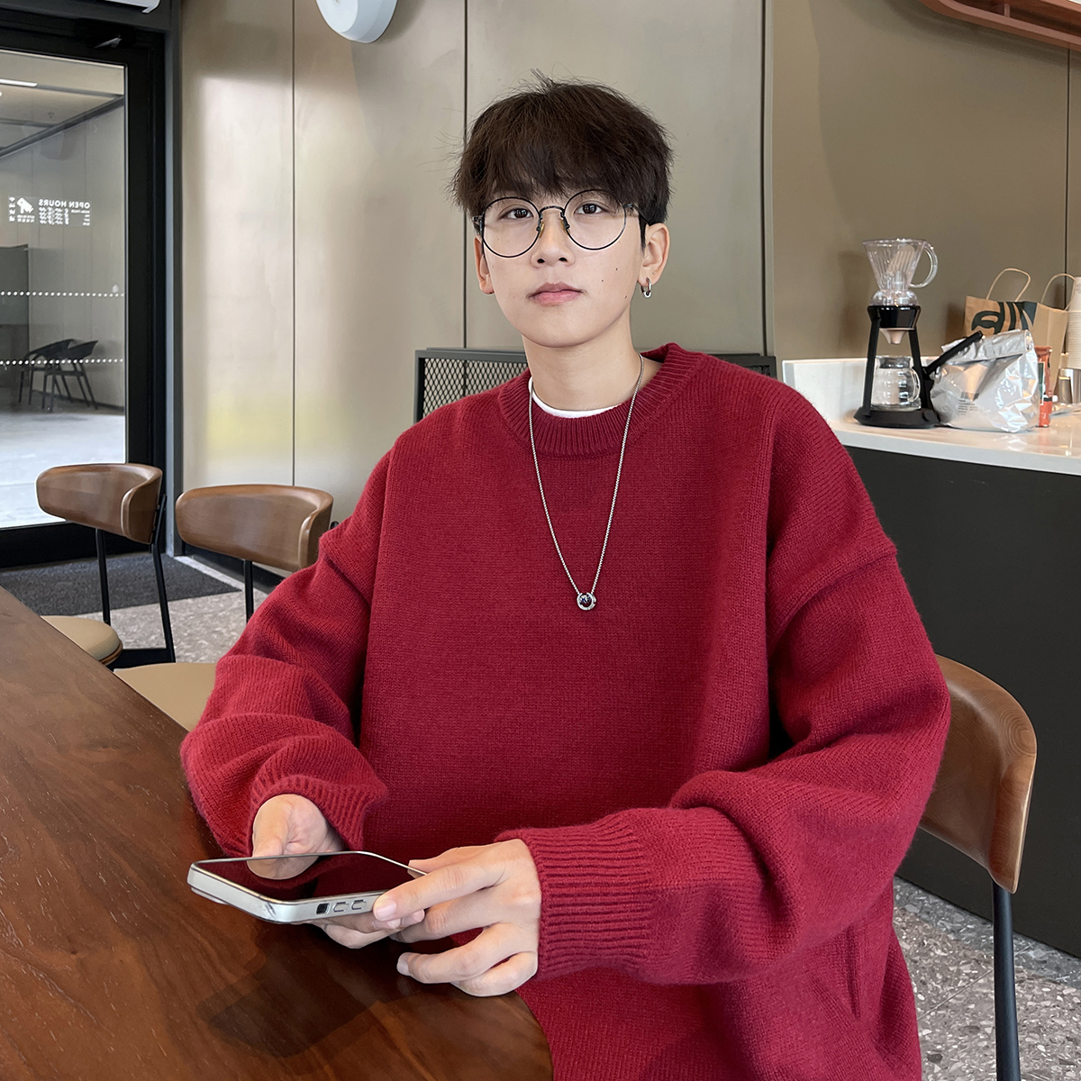 大红色圣诞毛衣男款秋冬季慵懒风高级感圆领内搭针织衫情侣装外套