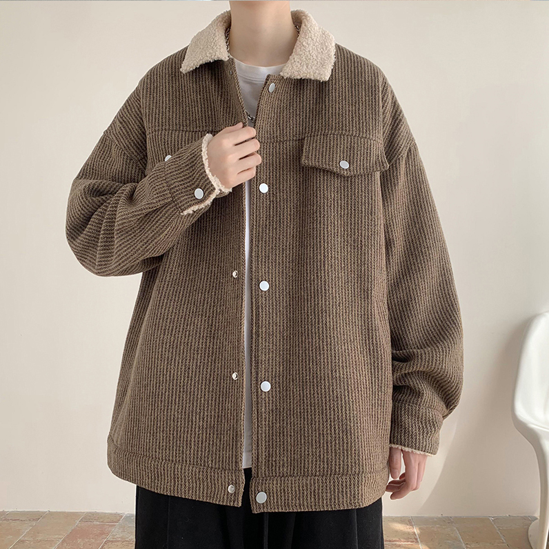 男士休闲大码夹棉外套秋冬季加厚羊羔毛领呢大衣短款翻领美式棉衣