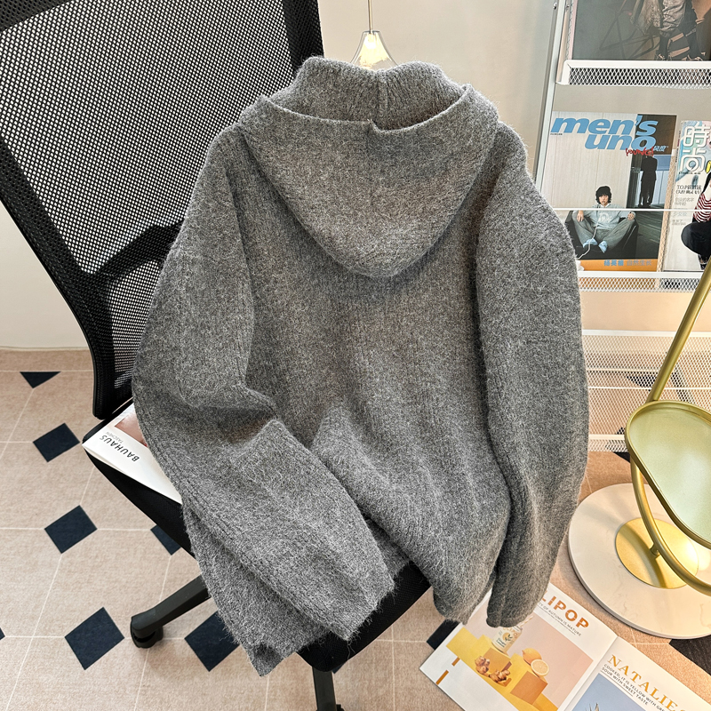 cleanfit高级灰针织连帽卫衣男秋冬半拉链打底衫慵懒风高级感毛衣