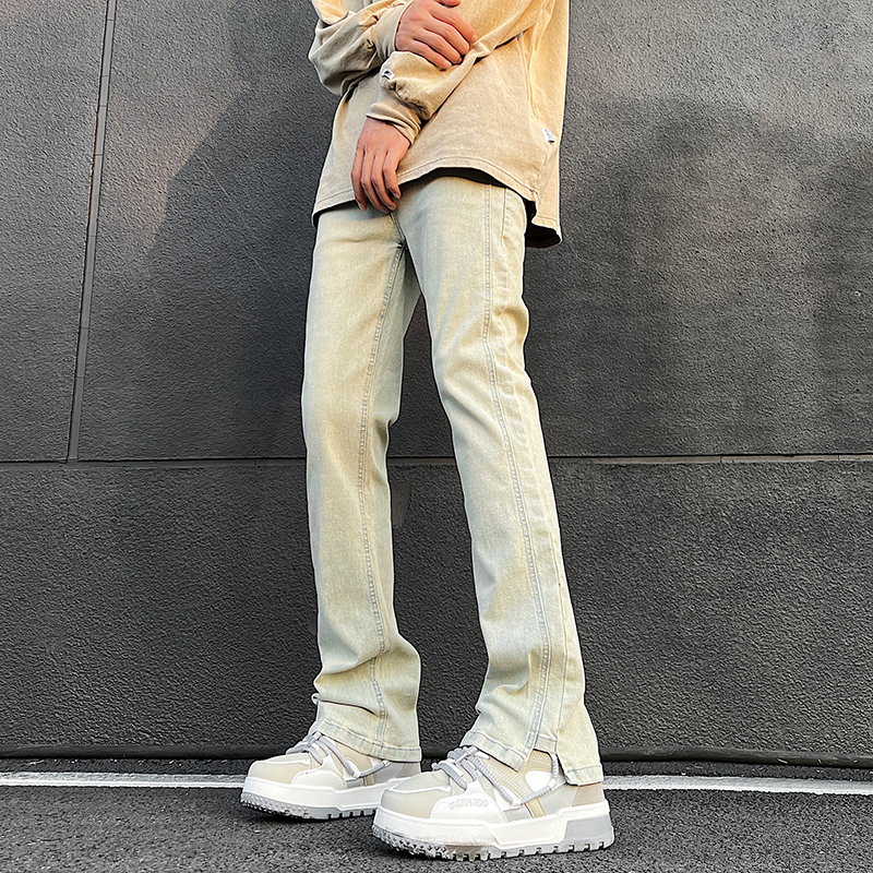 泥黄色牛仔裤男款修身小脚弹力美式高街vibe裤子加长版直筒微喇裤