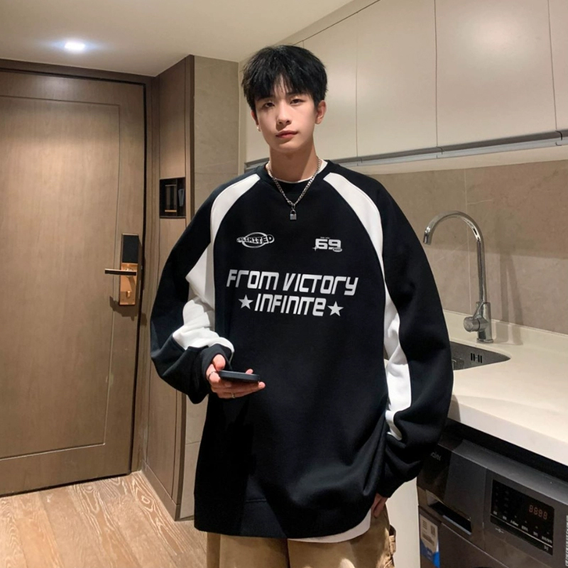 美式复古冰球服卫衣男春秋季320g重磅硬挺插肩袖撞色拼接圆领外套