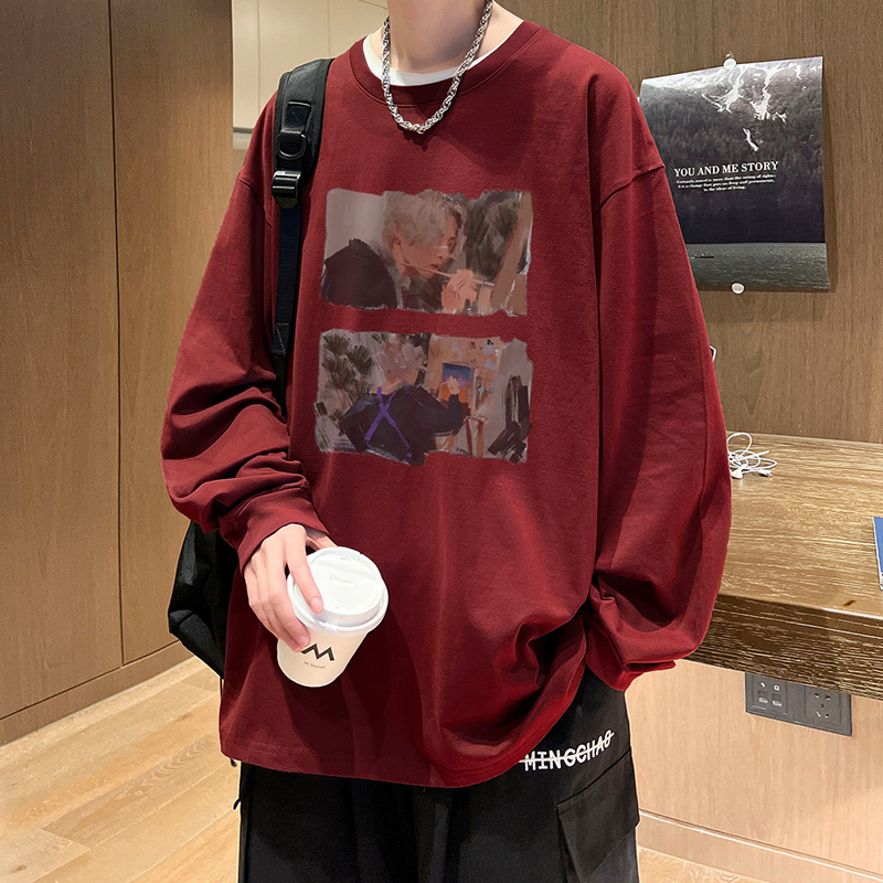 美式潮牌大码hiphop酒红色卫衣男春秋内搭纯棉长袖t恤宽松打底衫