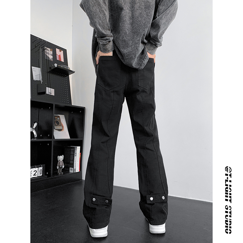 美式高街vibe微喇叭牛仔裤男款秋冬季加绒休闲裤子大码修身直筒裤