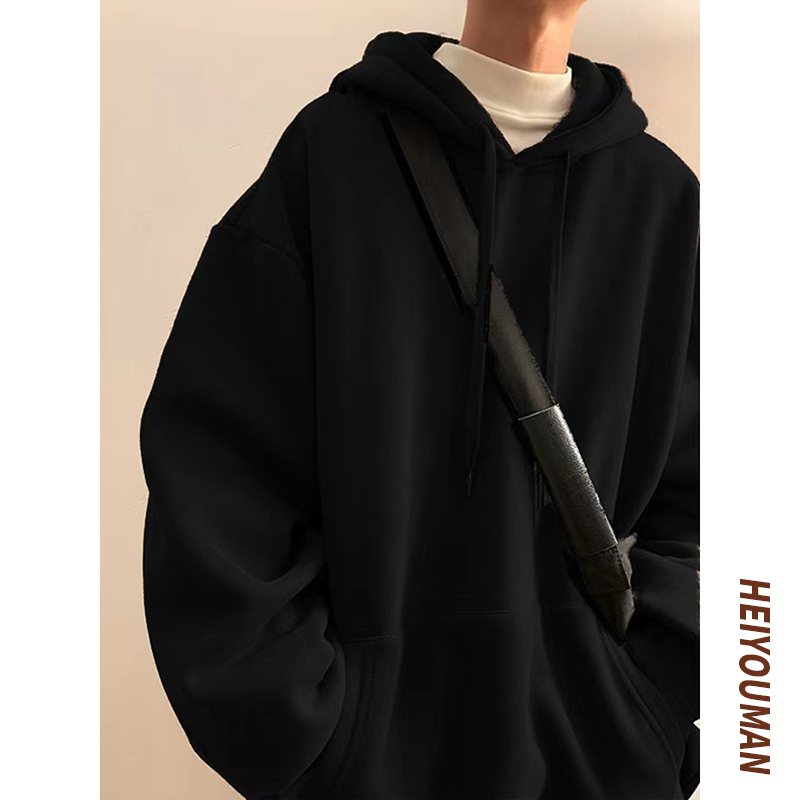 简约纯色重磅连帽卫衣美式高街潮牌休闲上衣秋季男士宽松大码外套