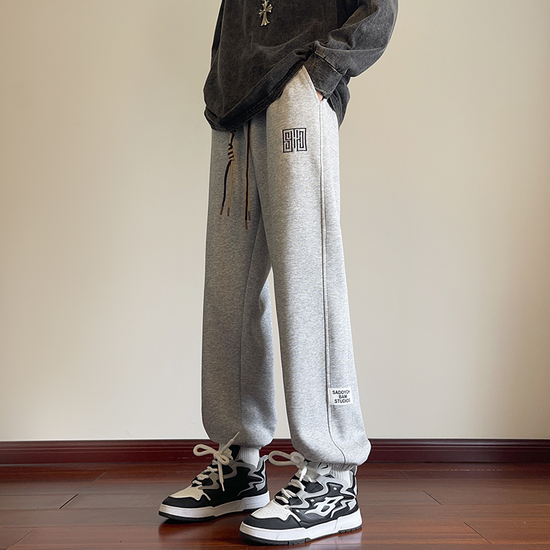 美式hiphop裤子抽绳刺绣贴标束脚休闲裤男生大码宽松高街运动卫裤
