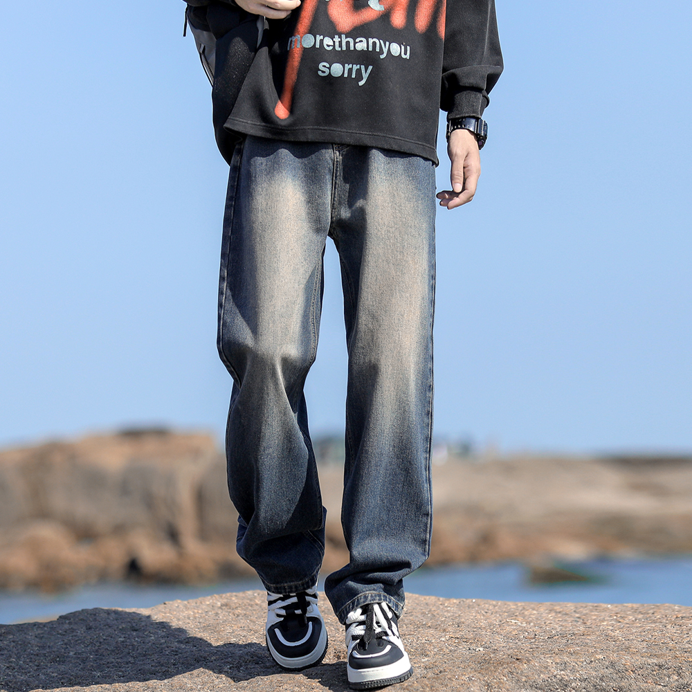 美式vibe高街牛仔裤男款秋冬直筒裤子水洗做旧渐变宽松阔腿工装裤