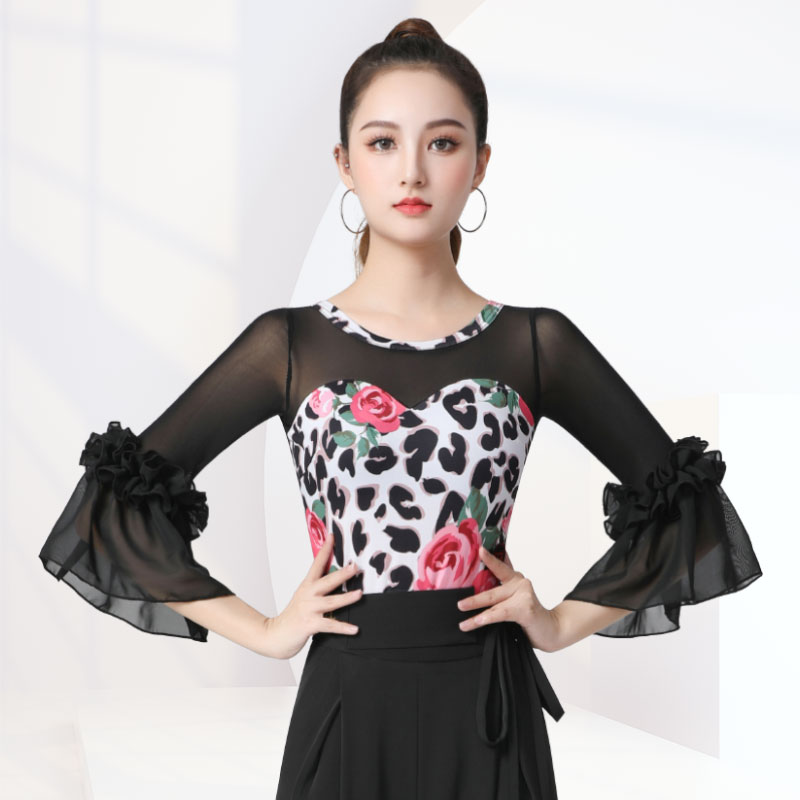 【玫瑰花喇叭中袖】丹宝罗新款自带胸垫连体衣女交谊舞服拉丁上装