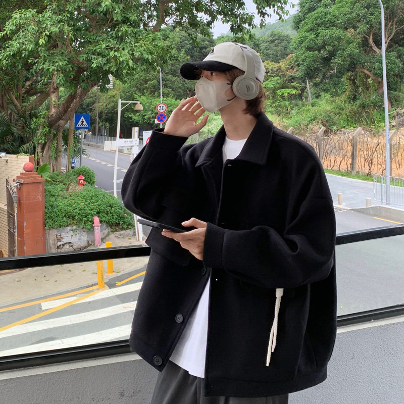 毛呢大衣男款秋冬季潮牌高级感纯色呢子外套宽松百搭休闲短款夹克