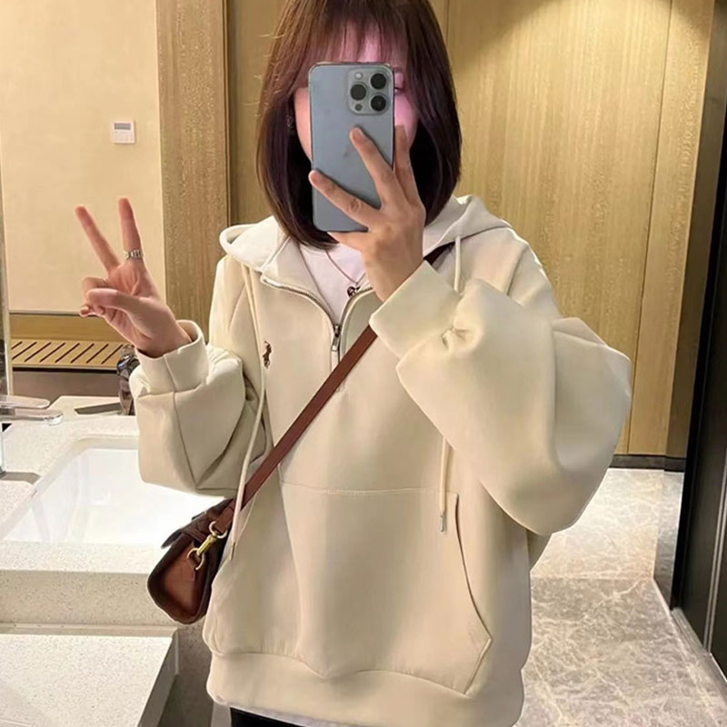 2024早秋新款爆款今年流行宽松小个子连帽半拉链卫衣女慵懒风上衣