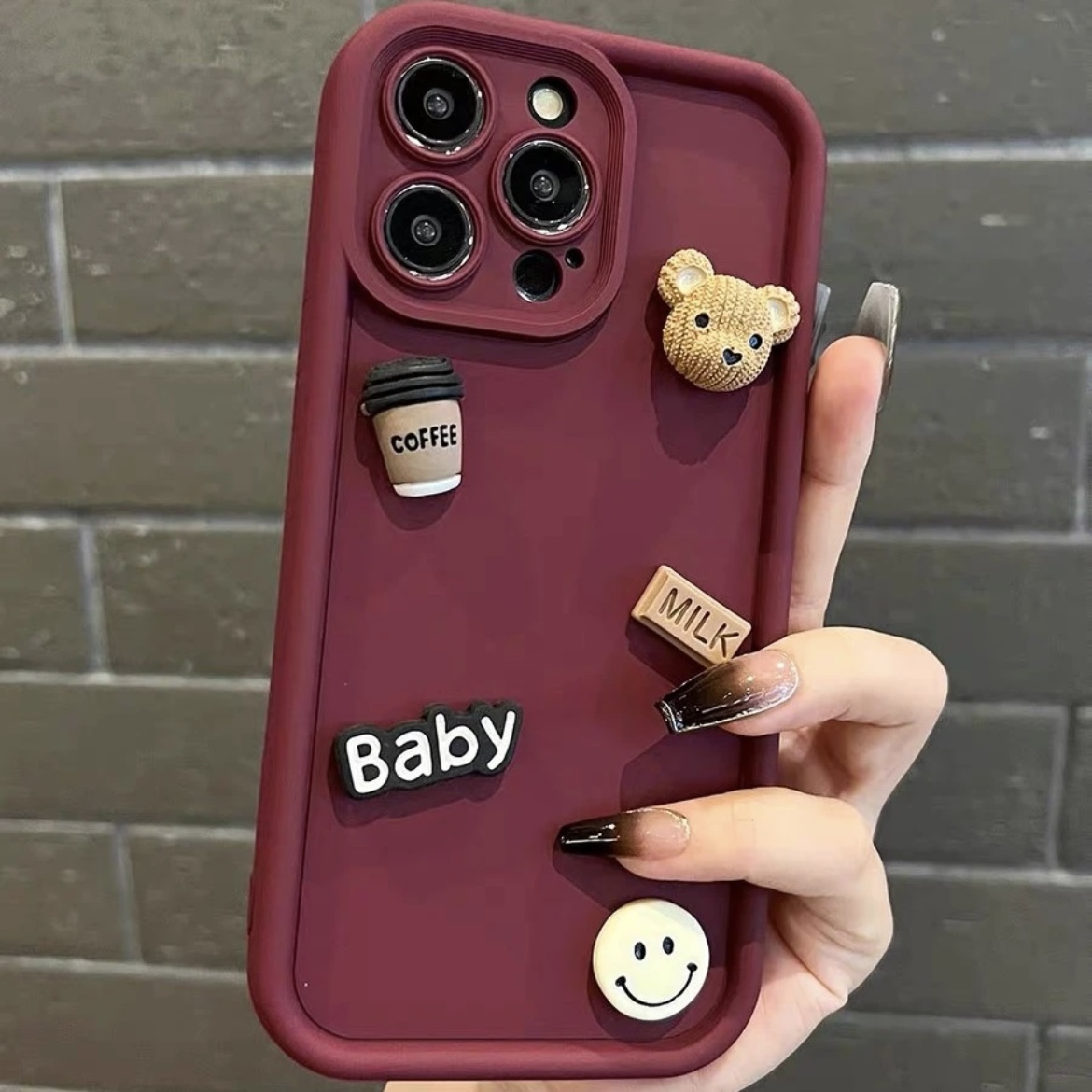 酒红色立体熊iPhone15/14promax手机壳苹果13卡通12防摔11全包xr