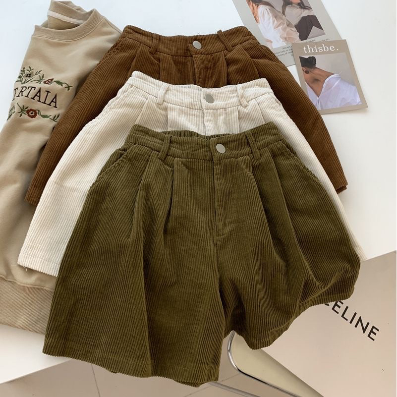 2023秋冬季洋气百搭阔脚裤女高腰外穿灯芯绒短裤显瘦休闲靴裤时尚