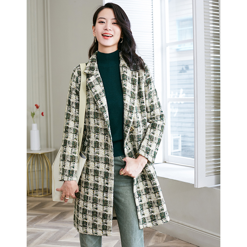 晚白冬季新款小香风格子大衣中长款修身长袖OL毛呢外套女23080698